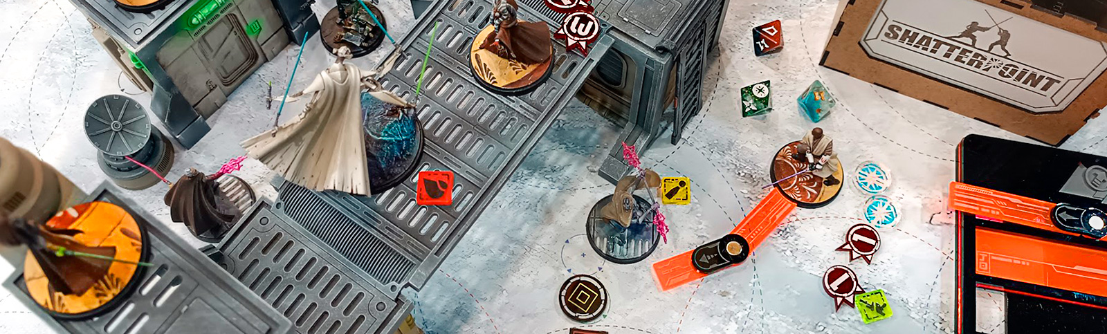 Gaslands table with dice, tokens, rules and scenery