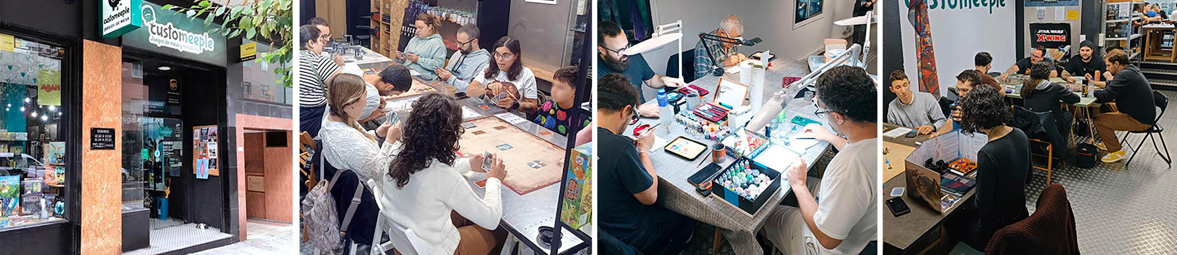 Customeeple store collage: storefront, league tables, painting workshop and players in Vigo, Spain